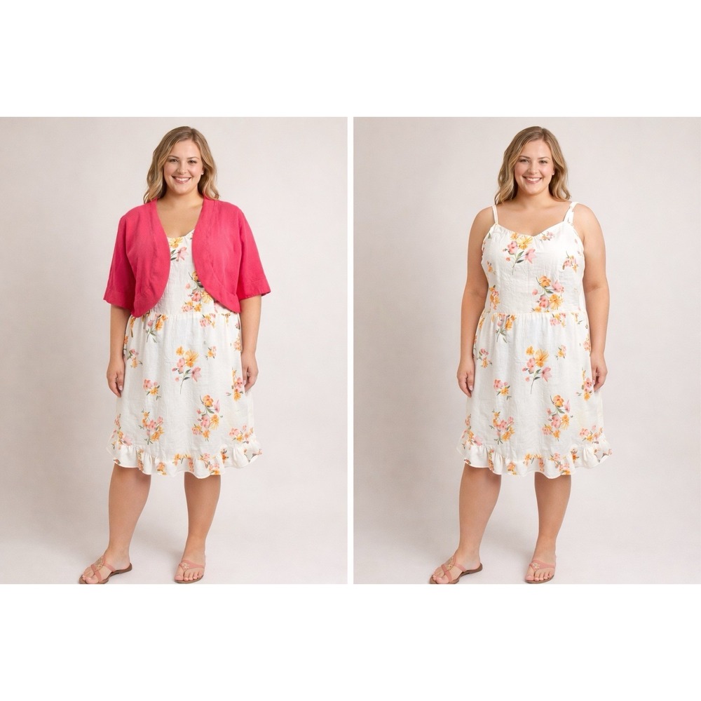 Plus Size XL 2-Piece Outfit Floral Linen Dress & Pink Cropped Jacket Set